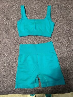 OQQ women’s workout 2 piece seamless ribbed high waist exercise set large teal